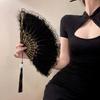 Vintage Feather Lace Folding Fan with Tassels Portable Summer Hand Held Fan