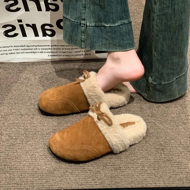 2024 Мода Женская Обувь Баотоу Женские Тапочки Горячая Распродажа Бант-бабочка Повседневные Тапочки Женские Зимние Плюс Бархат Плоские Тапочки