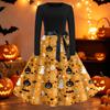 Womens Casual Long Sleeve Dress Halloween Print Round Neck Fit and Flare Midi Dress with Waist Tie and Full Skirt