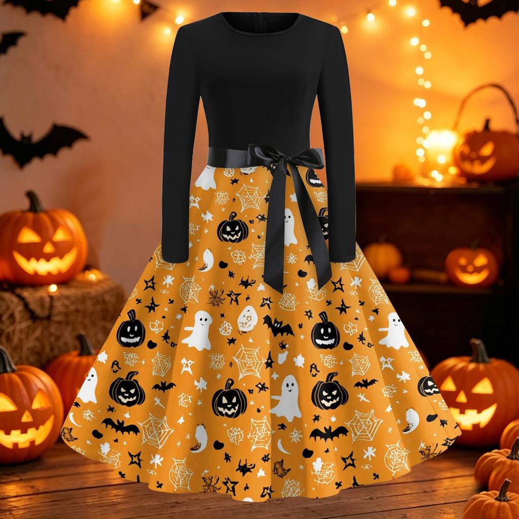 Womens Casual Long Sleeve Dress Halloween Print Round Neck Fit and Flare Midi Dress with Waist Tie and Full Skirt