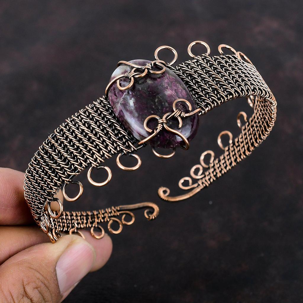 Браслет-манжета с розовым турмалином, медная проволока, регулируемый браслет, оригинальный браслет с драгоценными камнями, медные украшения для подарка, браслет-манжета ручной работы