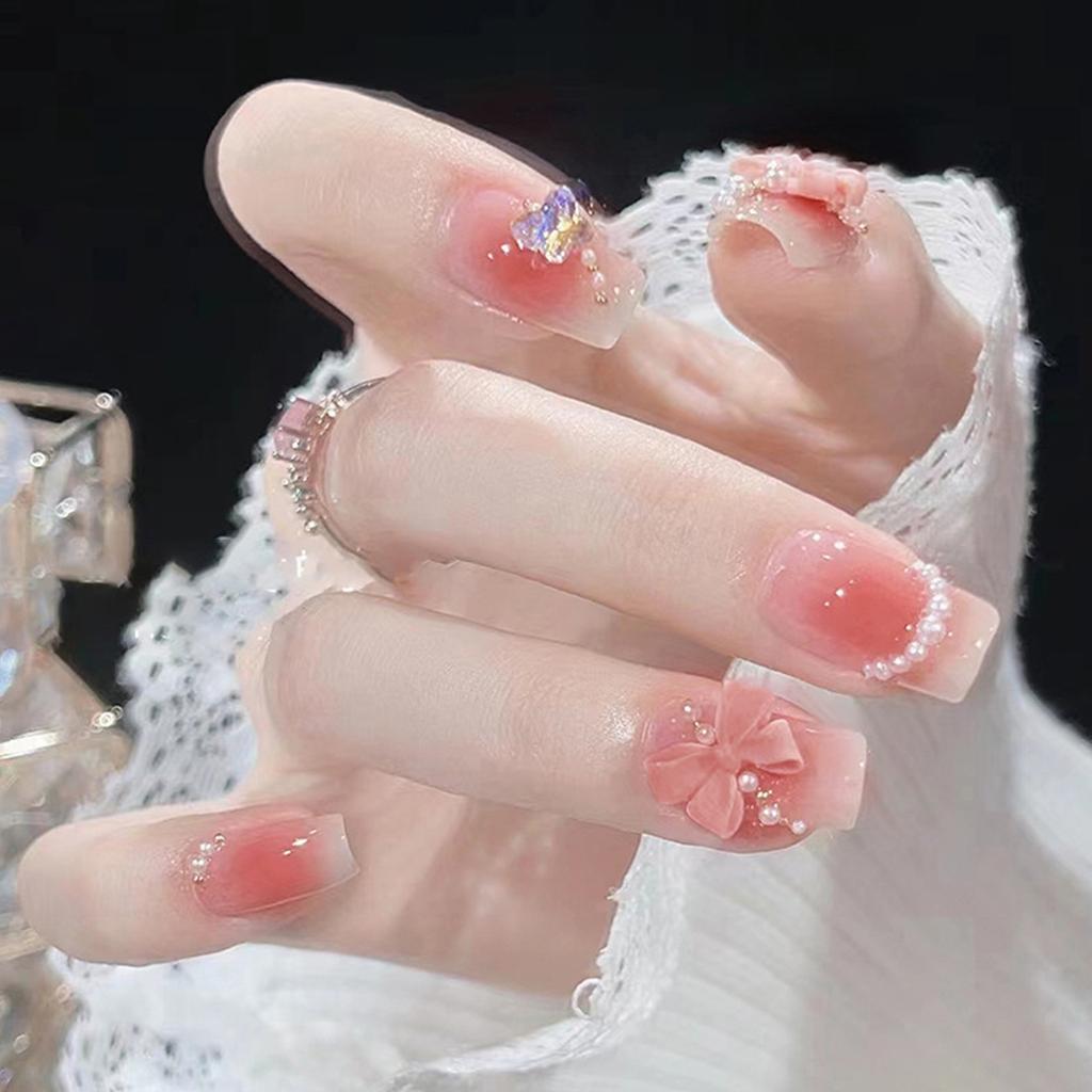 24 шт./кор. бабочка-бант, носимые розовые накладные ногти, накладные ногти, дизайн ногтей, легко наносится и удаляется