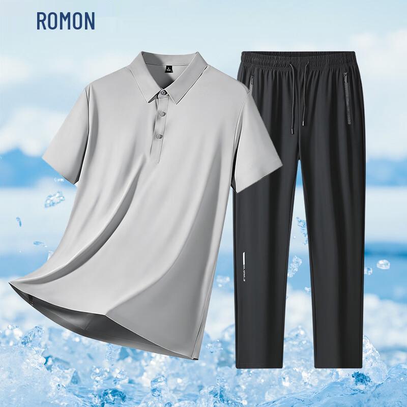 ROMON Men's Seamless Ice Silk Polo T-Shirt & Casual Pants Two-Piece Set