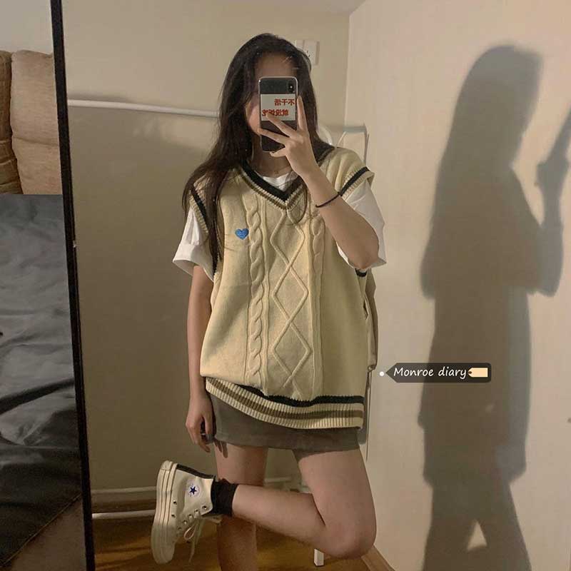 Японский ленивый вязаный жилет, женский осенний многослойный внешний свитер с v-образным вырезом, небольшой жилет в студенческом стиле, топ