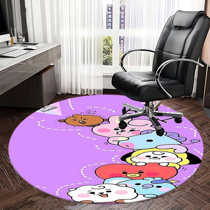 BT21 K-Pop Коврик для стула Круглый ковер-Ковер для офиса, Машинная стирка, Нескользящий, Подходит для гостиных, спален