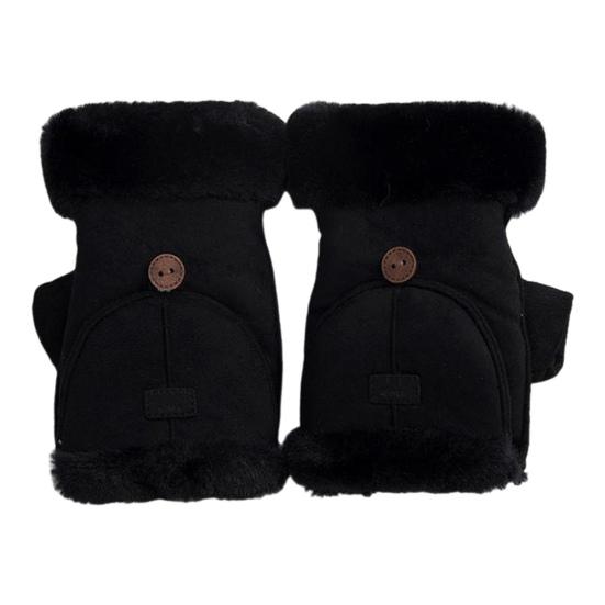 Women Winter Suede Gloves Thickened Convertible Fingerless Mittens Fleece-lined Warm Gloves with Fluffy Cuffs for Outdoor Cycling Hiking