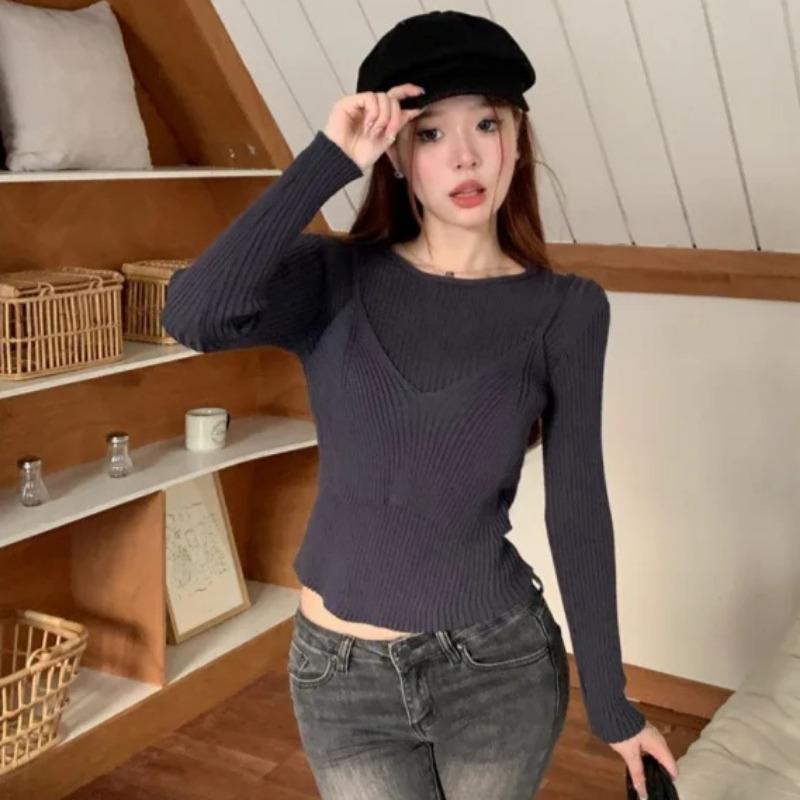 Вязаный женский свитер с длинным рукавом, однотонный, облегающий, с круглым вырезом, пуловер, осень-зима, модный, элегантный трикотаж