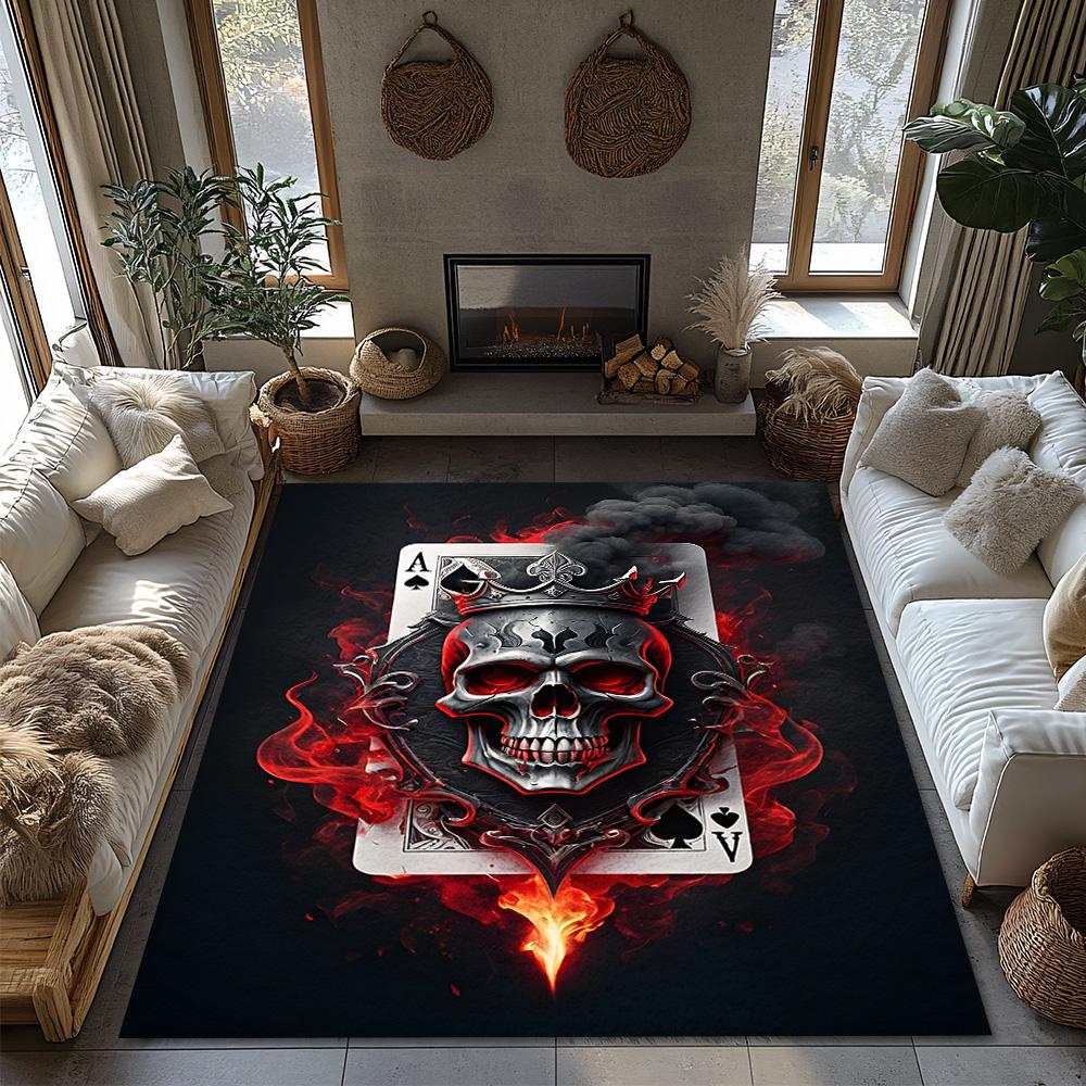 Gothic Skull Card Rug, Red Black Playing Card Design, Anti-Slip Area Mat for Bedroom/Living Room, Dark Home Decor Carpet