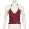 High Street Sexy Babes Chic Beauty Back Camisoles American Style PU Glossy Backless Cropped Trim Tops Fashion V-neck Red Vest