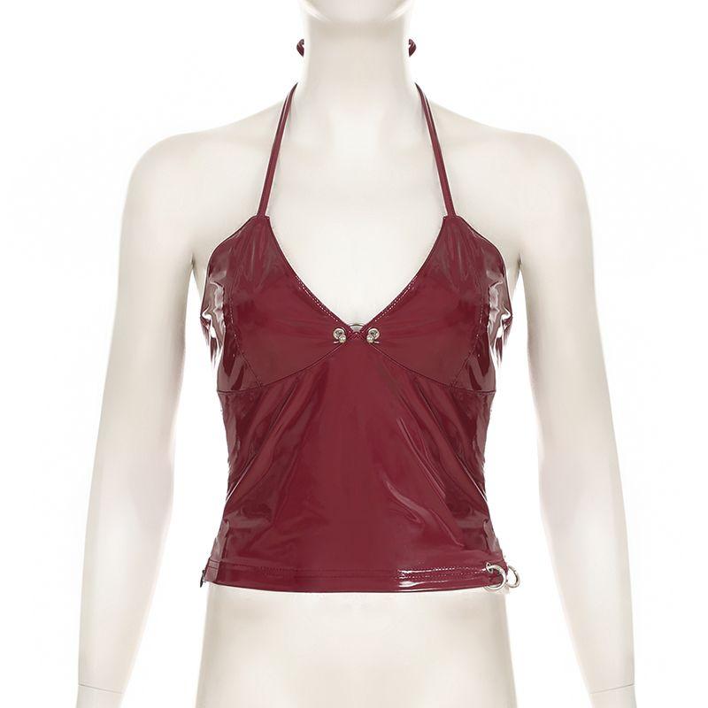 High Street Sexy Babes Chic Beauty Back Camisoles American Style PU Glossy Backless Cropped Trim Tops Fashion V-neck Red Vest