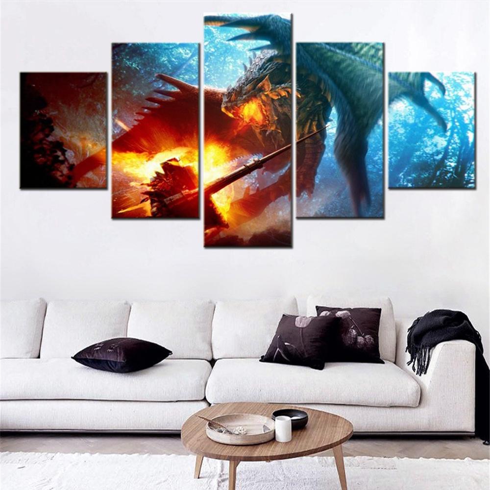 5 Pieces Canvas Wall Arts Video Games Dragon Monster Hunter Fantasy Art Lance Fire Forest Poster Painting Home Decor Living Room