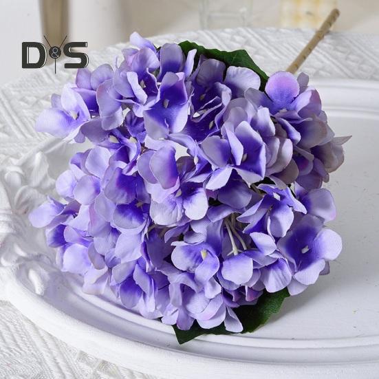 Artificial Hydrangea with Green Leaves Stem Realistic Fake Flower Wedding Home Office Table Centerpiece Faux Floral Branch Flower Arrangement