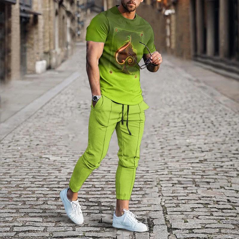 Men's Summer Sets Gradient Colortrend Short Sleeve T Shirt Trousers 2pcs Suits 3d Print Retro Style O Neck Clothing Streetwear