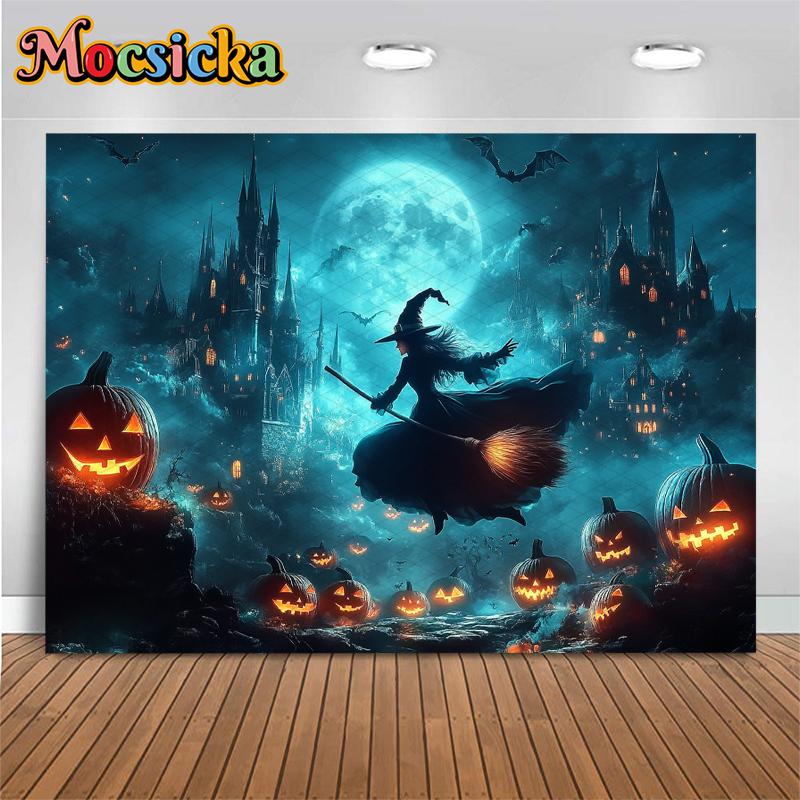 Mocsicka Halloween Witch Photo Backgrounds Shooting Props Moon Castle Bat Jack-O-Lanterns Party Decorations Photography Backdrop
