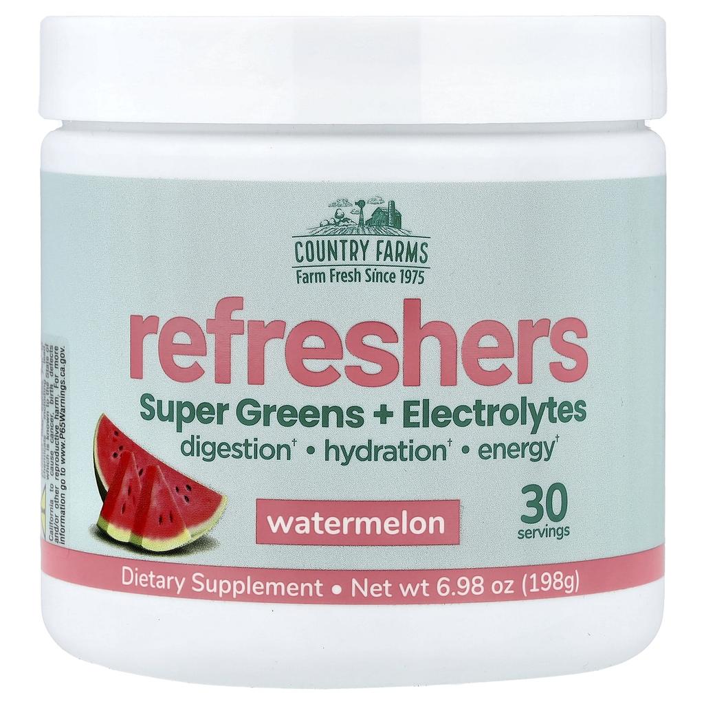 Country Farms Refreshers, Super Greens + Electrolytes, Watermelon, 6.98 Oz (198 G)