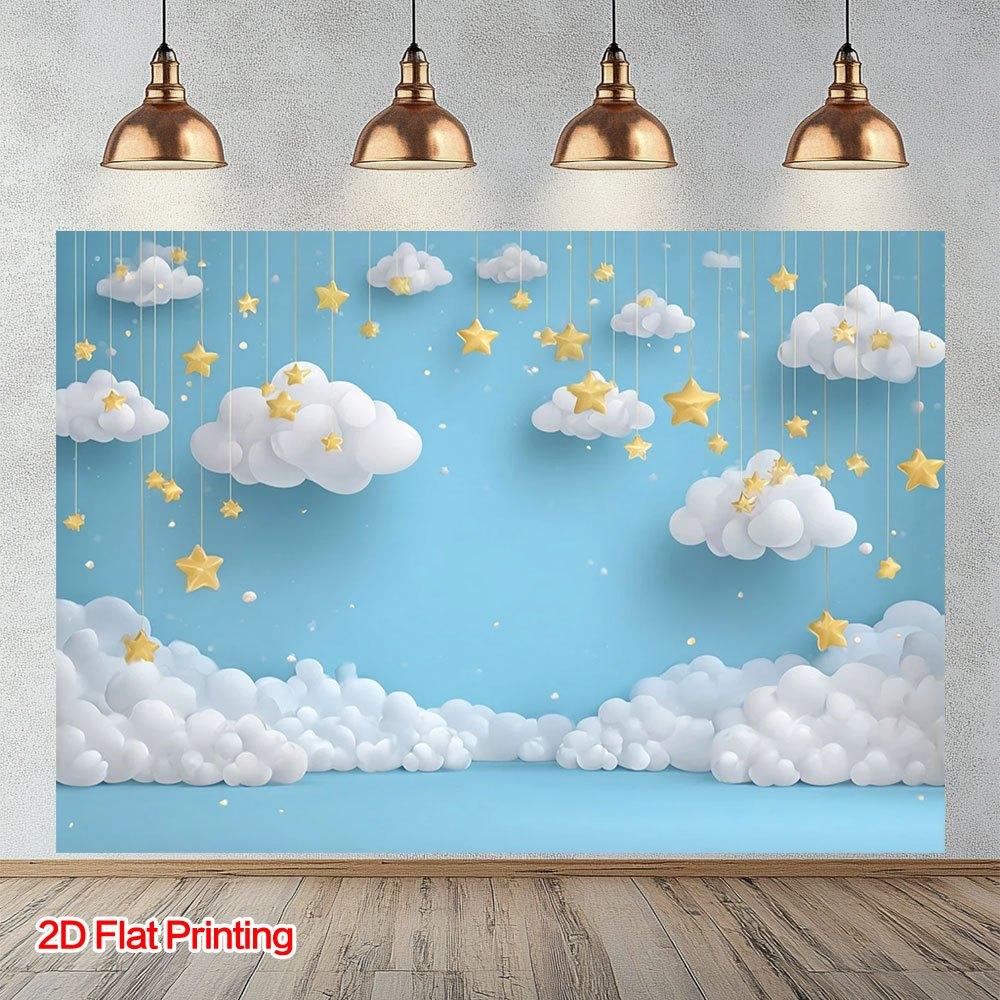 A 2D flat printed dreamy sky background with stars, made of polyester fabric.