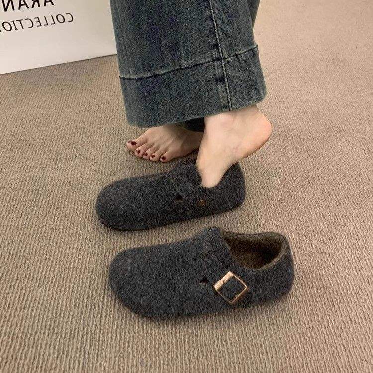 Ретро круглый носок фетровый флис Birkenstocks женские флисовые осенне-зимние на одной педали термохлопковые женские туфли шерстяные лоферы