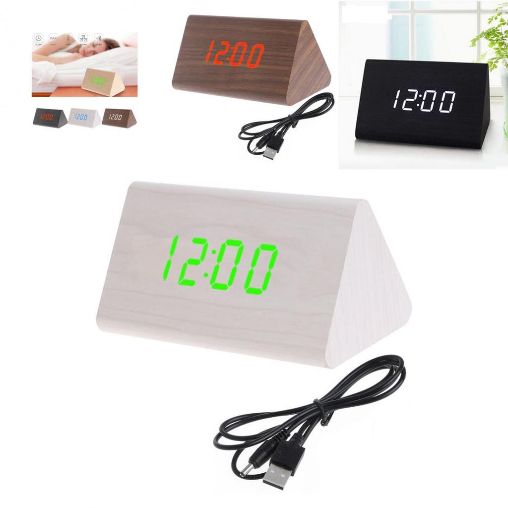 Sleek Wooden Voice Control Led Display Alarm Digital Triangular Desk Clock Thermometer