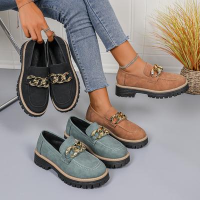 2025 весна и осень новые внешнеторговые большие размеры круглый носок толстая подошва толстый каблук повседневные лоферы на одной педали с металлической цепочкой