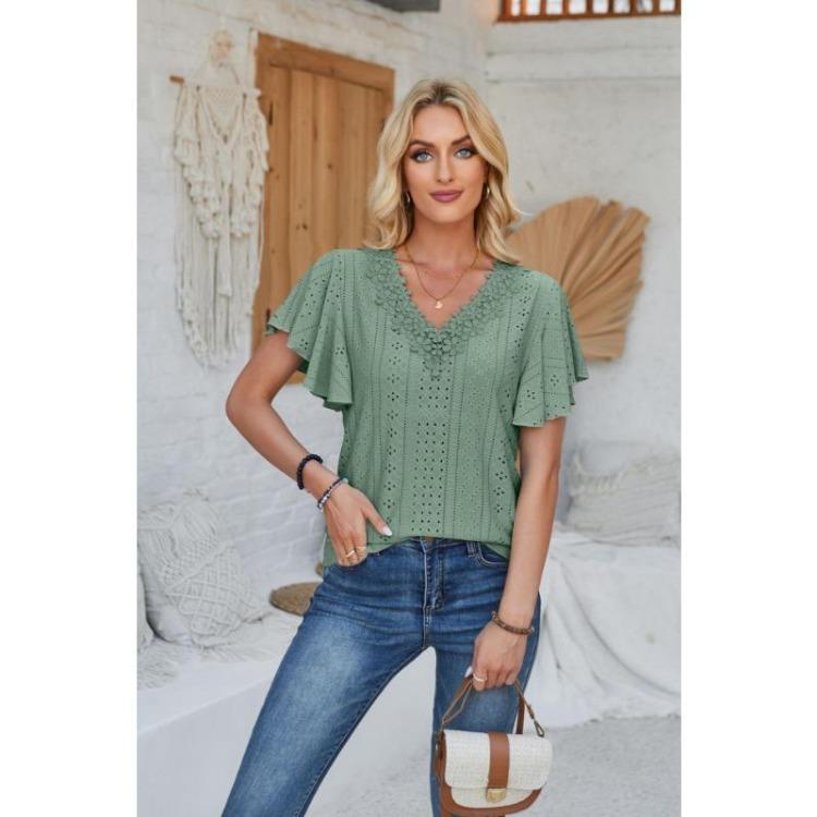 New Fashion Women's Lace V-neck Loose T-shirt Solid Color Ruffled Sleeves Spring Summer