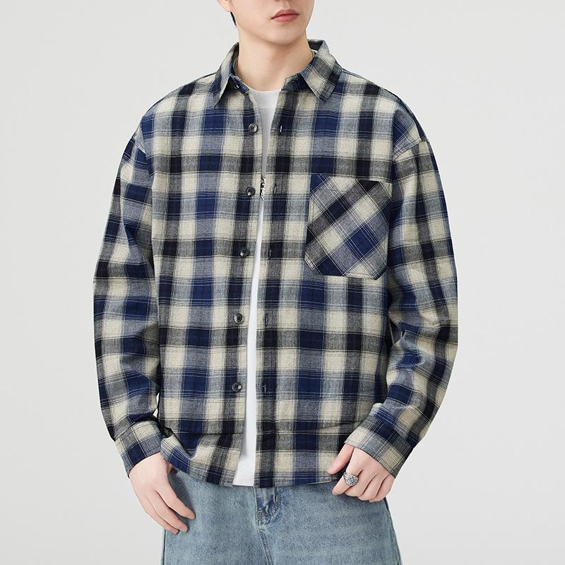High Street Cotton Plaid Shirt Men's Layered Long Sleeve Jacket