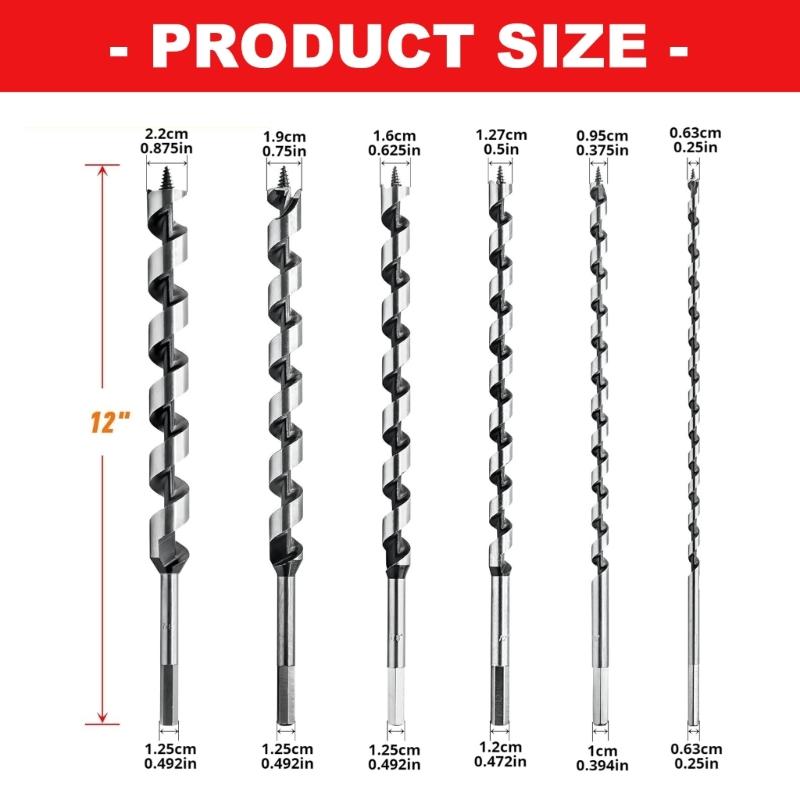 6PCS Hex Shank Drill Bit Set Long Spirals Design for Highly Torqued Stability in Hardwood Universals for Power Drills