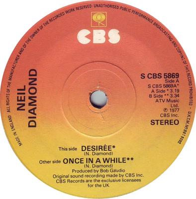 7-дюймовая пластинка NEIL DIAMOND - Desirée SCBS5869 CBS 1977 UK Рок Б/У