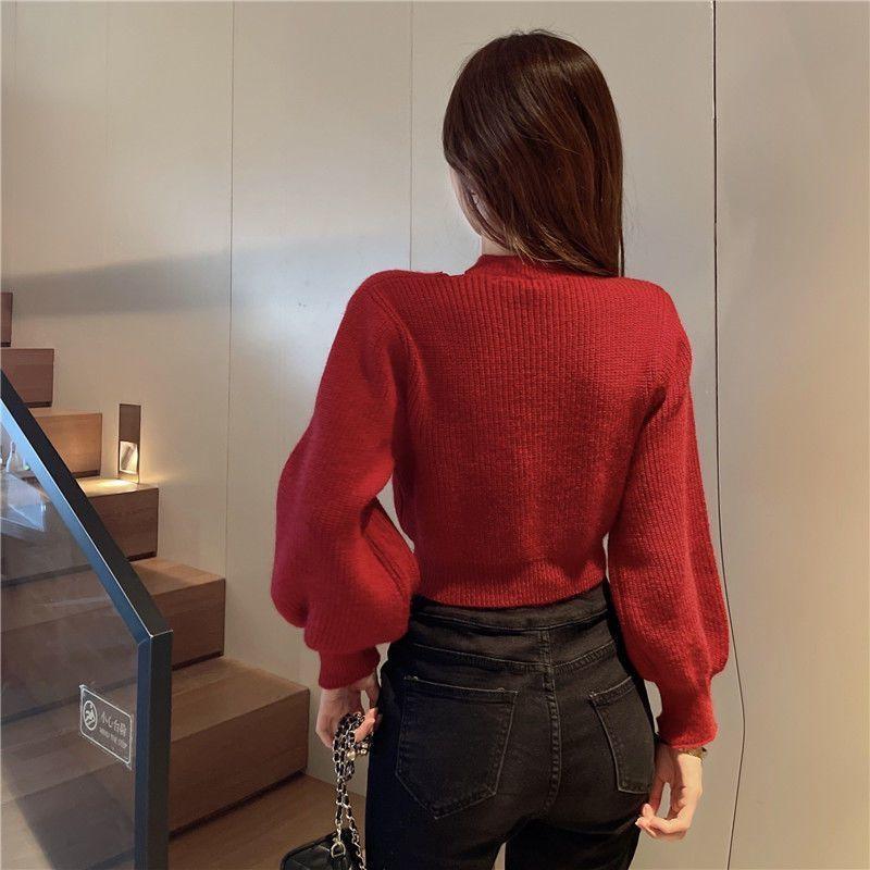 Korean Irregular Hanging Neck Short Pullover Sweater Women Sweet and Spicy High Waisted Sweater Caution Pullover Female Tops
