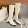 Женские хлопковые сапоги до колена с длинным голенищем, осенние новые универсальные сапоги с квадратным носком, на флисе, с высоким голенищем, на блочном каблуке, облегающие