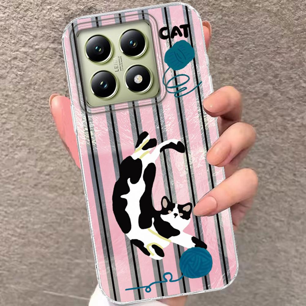 Молочно-белая линия с рисунком кота Мультяшный чехол для телефона для Xiaomi 14T 13T 11 Lite NE Poco X5 M6 X6 X7 X3 Pro NFC C65 C61 M5S Задняя крышка