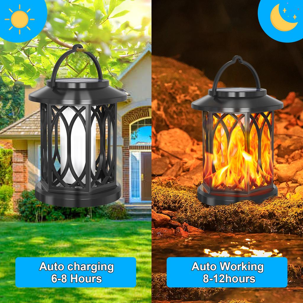 Outdoor Solar Flickering Flame Lights Waterproof Hanging Lanterns Flame Effect Garden Ornaments for Patio Yard Pathway Decor