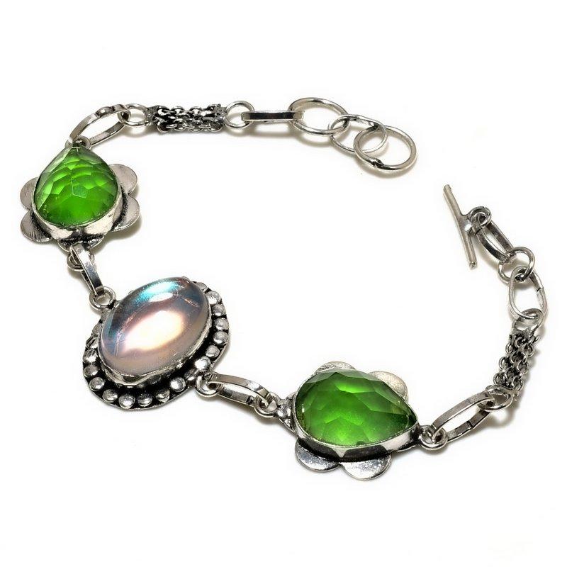 Mystic Rainbow Topaz Peridot Gemstone 925 Silver Plated Bracelet 6-8"