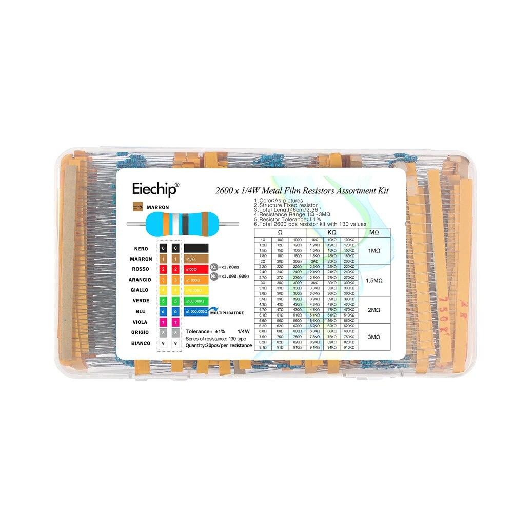 2600 шт./лот, 130 значений, 1/4 Вт, 0,25 Вт, 1%, металлопленочные резисторы, набор комплектов резисторов в ассортименте