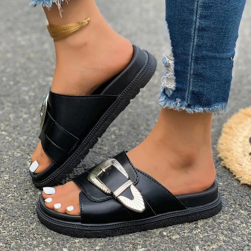 Модная женская обувь 2024 года, горячая распродажа, женские тапочки с пряжкой на ремне, модные повседневные тапочки с открытым носком, женские тапочки с круглым носком на плоской подошве