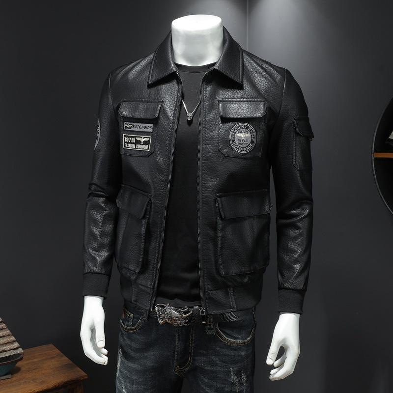 Spring and Autumn New Military Style Aviator Leather Jacket Men's Large Size Slim Lapel Embroidered Men's Leather Jacket