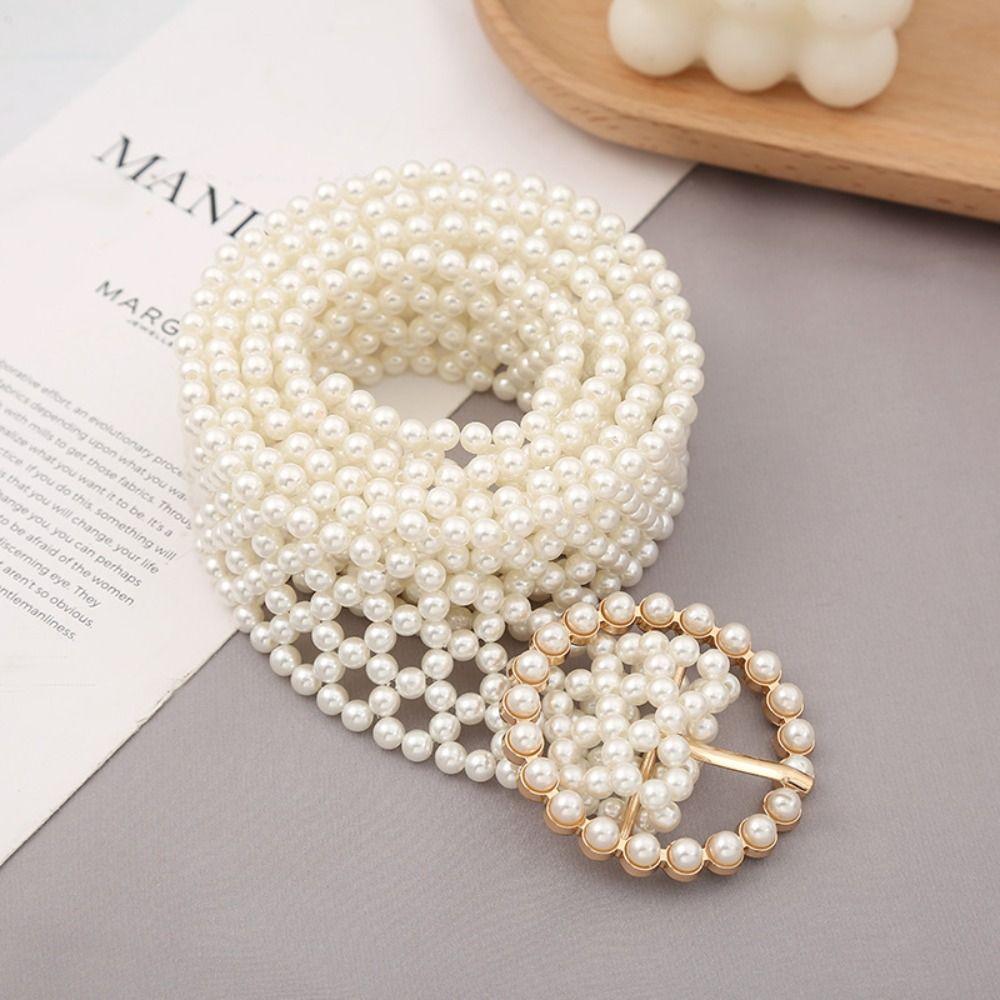 Buckle Coat Belt Elastic Band Beadeds Body Chain Elegant Pearl Waist Belt Women