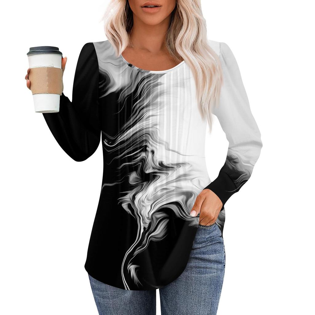 Рубашки с длинным рукавом для женщин, топы, нарядные повседневные блузки, плиссированные топы-туники с круглым вырезом
