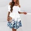 Women's Summer Midi Dress One-Should Short Sleeve Gradient Printed Dress Casual Elastic Waist Ruffle Beach Dress