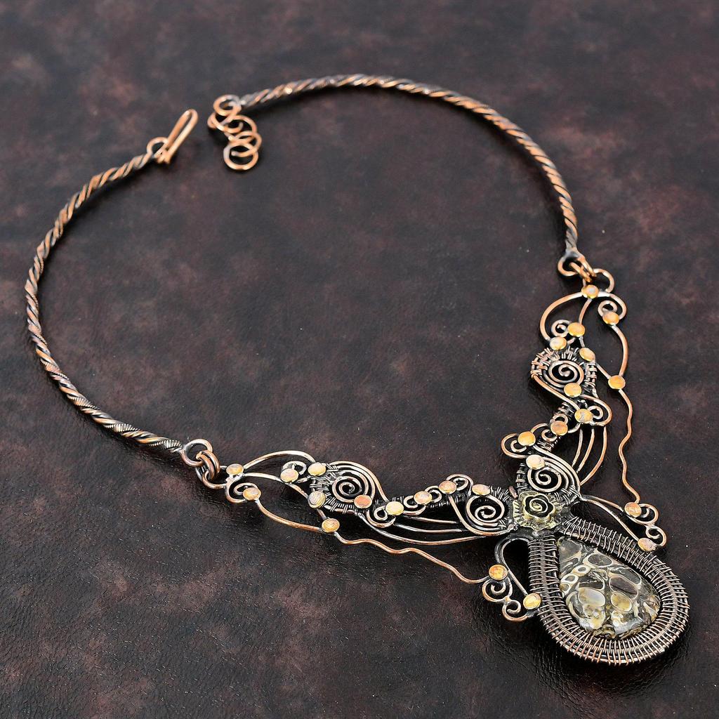 Ожерелье из агата Turritella, ожерелье из медной проволоки, ожерелье с драгоценными камнями, регулируемое ожерелье, ювелирные изделия ручной работы, ожерелье из медной проволоки, подарок для мамы