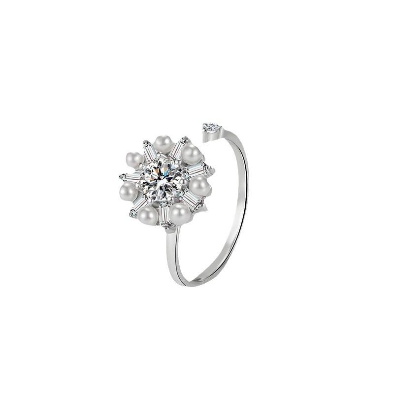 Korean Version Diamond Pearl Inlaid Zircon Flower Open Ring Adjustable Electroplated Copper Mesh Rotating Ring Women's Jewelry