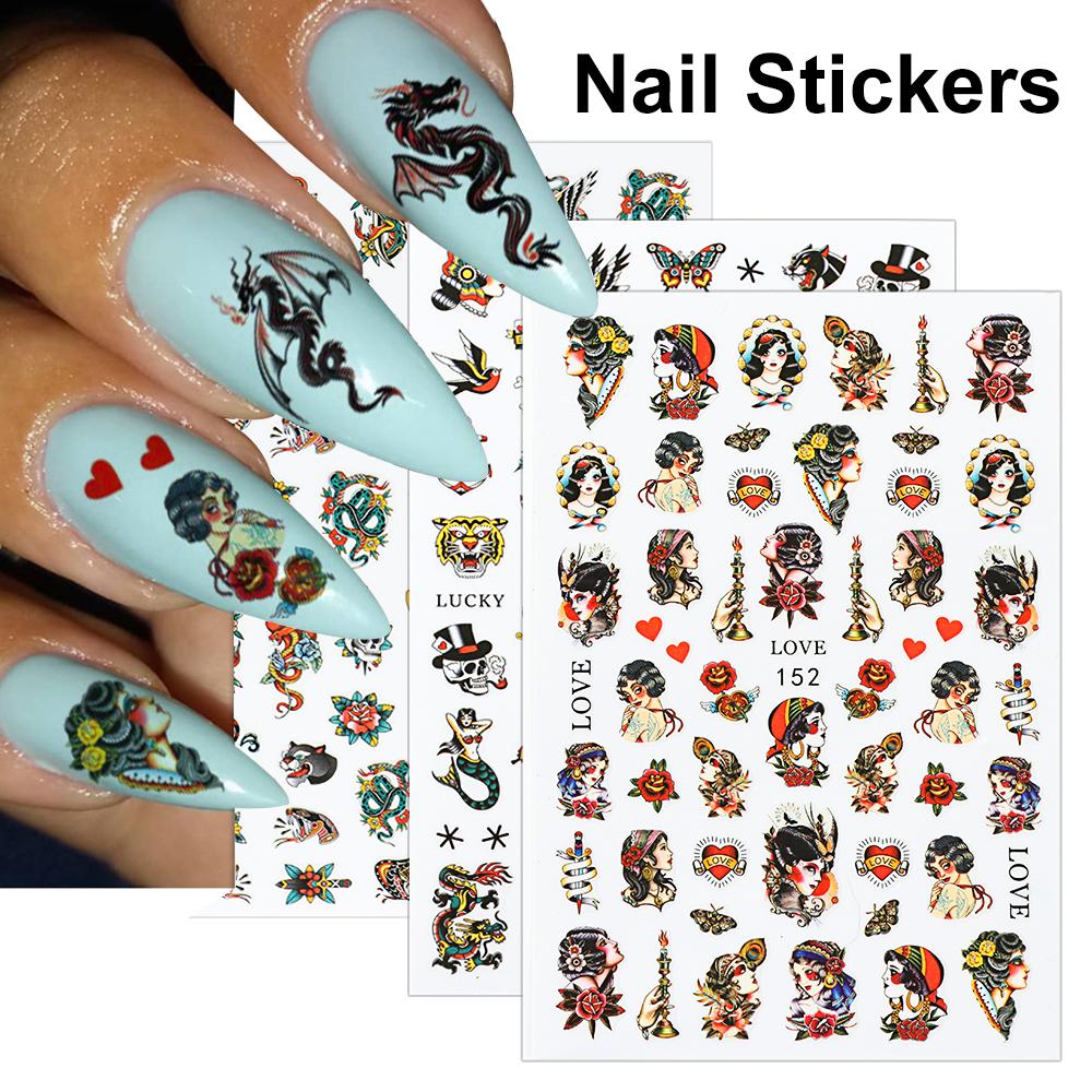 Nail Decals Chinese Slider Dragon Snake 3D Black Nail Stickers Gothic Style