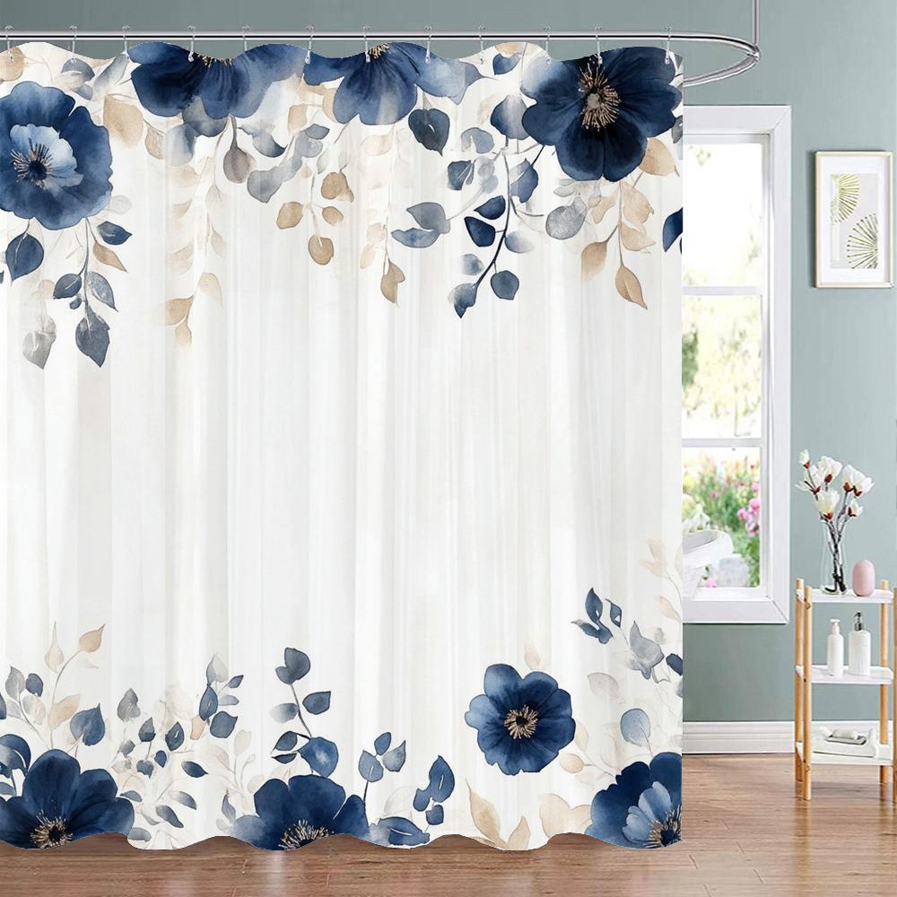 Blue Floral Shower Curtain, Bathroom Decorative Shower Curtain, Printed Polyester Fabric Shower Curtain with Hooks