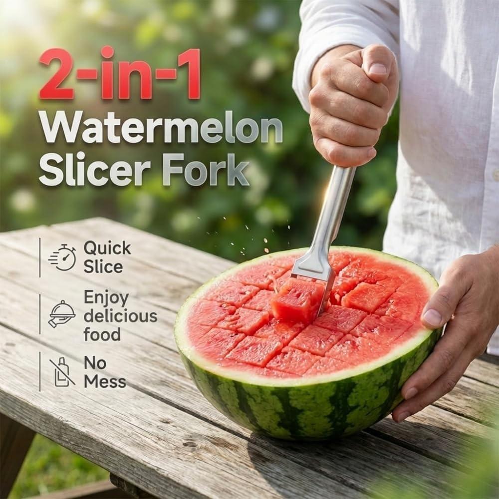 2026 New 2-in-1 Stainless Steel Fruit Cutter, Watermelon Fork Slicer, Portable Double-Headed Fruit Fork Slicer