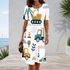 Women Plus Size Round Neck Short Sleeve Cartoon Printed White A Line Flared Dress