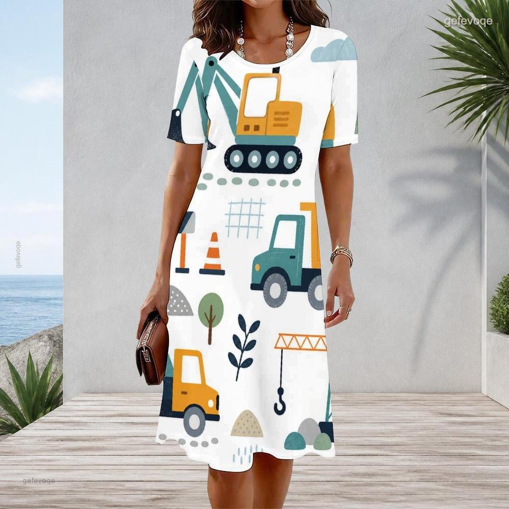 Women Plus Size Round Neck Short Sleeve Cartoon Printed White A Line Flared Dress