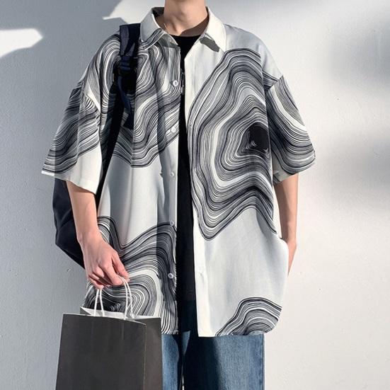 Летняя мужская рубашка в стиле ретро с абстрактным принтом и половиной рукавов в стиле хип-хоп, свободный контрастный цвет, однобортный отложной воротник, быстросохнущий мягкий дышащий топ