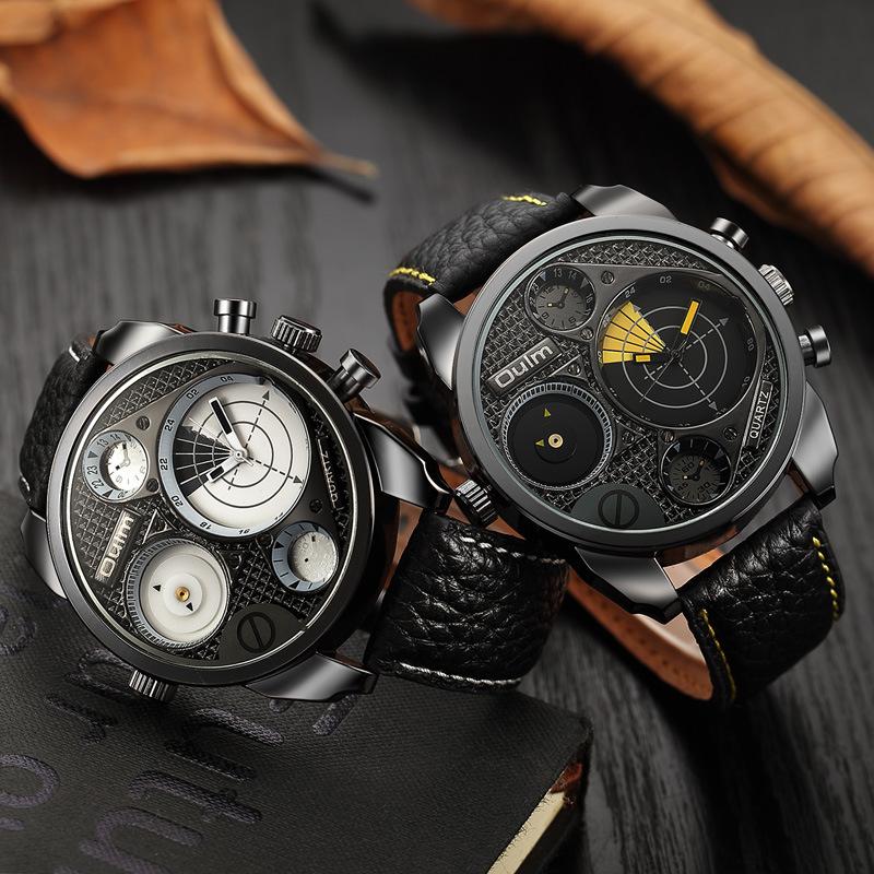 Oulm Мужские кварцевые часы с большим циферблатом, мужские часы из натуральной кожи с двумя часовыми поясами, новые