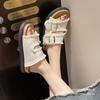 Summer New Product Flat Bottom Non-slip Round Head Open Toe Women's Flat Bottom Non-slip Cool Slippers Solid Color Women's Shoes Black Beige