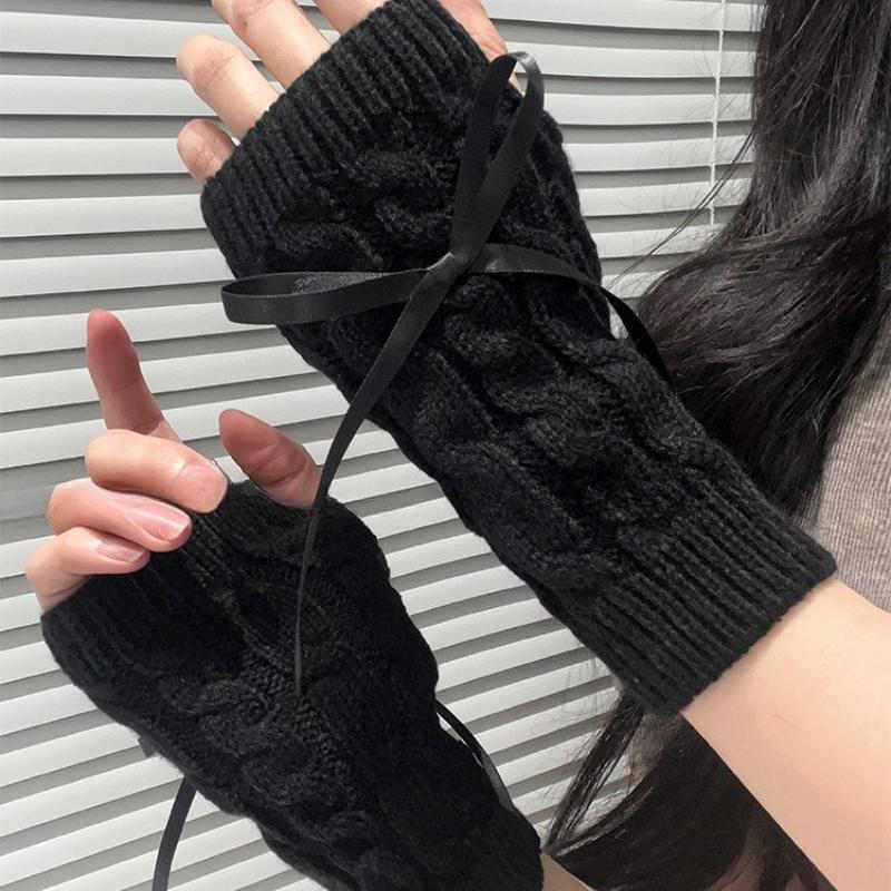 2025 New Women Winter Warm Half Cut Gloves Sweet Bow Student Yarn Knitted Touch Screen Exposed Finger Sleeves
