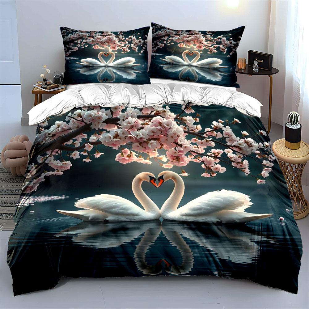 Swans and Cherry Blossom Scene Bedding Duvet Cover Set (1*Duvet Cover 2*Pillowcases, without duvet insert)